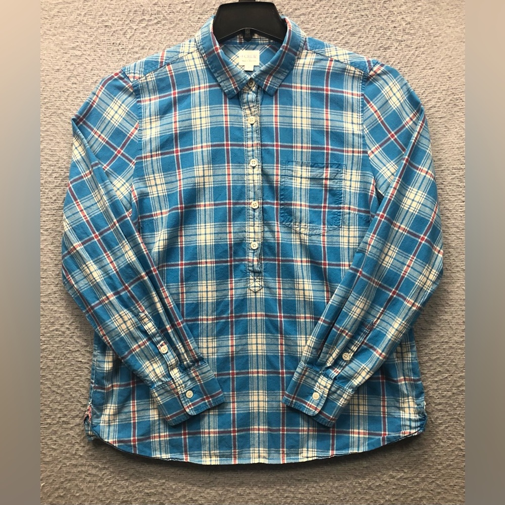 J Crew Prefect Fit Half Button Up Long Sleeve Plaid Shirt Women Large